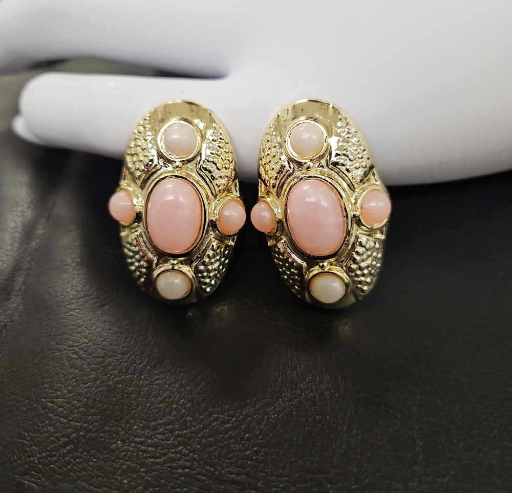 Gold-Tone Pink Cabochon Oval Clip-On Earrings
